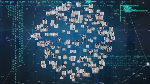 Animation of globe made of user photos rotating over data processing on navy Video stock 327900012