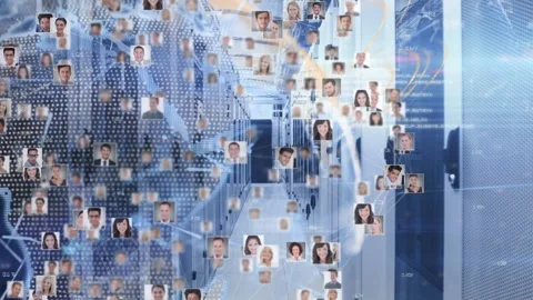 Animation of globe made of user photos rotating over servers Video stock 329687073