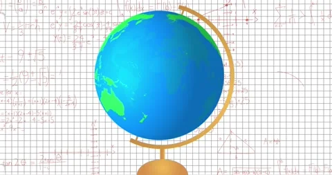 Animation of globe model icon and mathematical equations against square lined Video stock 328642366