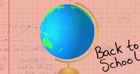 Animation of globe model icon and mathematical equations against pink square Video stock 330297048