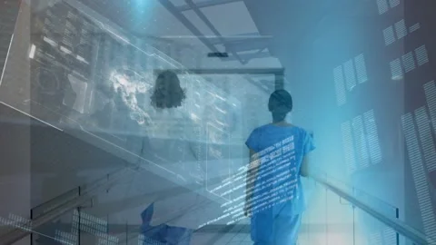 Animation of globe, moving lines, graph, codes over rear view of doctors running Stock Footage 330341809