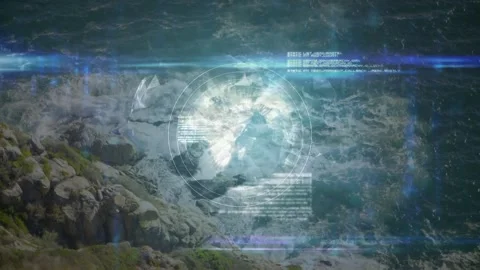 Animation of globe with network and data processing, over rural mountain Stock Footage 156817534