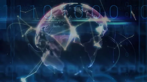 Animation of globe with network of connections over binary coding Stock Footage 313574997