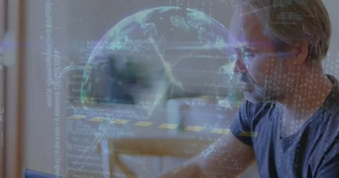 Animation of globe of network of connections over couple running outdoors Stock Footage 327393155