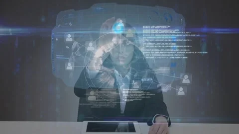 Animation of globe with network of connections over businesswoman using computer Stock Footage 327781151