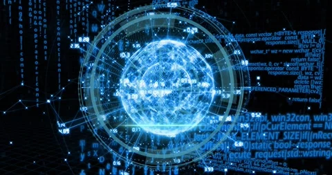 Animation of globe with numbers rotating over binary codes and computer language Stock Footage 249324669