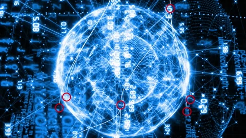 Animation of globe with numbers rotating over binary codes and programming Stock Footage 312304484