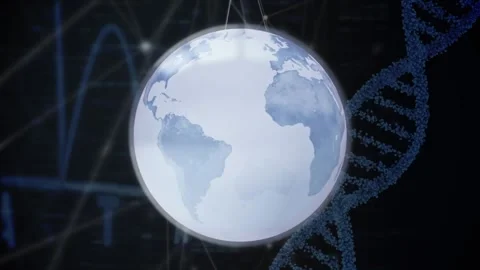 Animation of globe over connected dots, graphs, dna helix, falling bars over Stock Footage 327846314