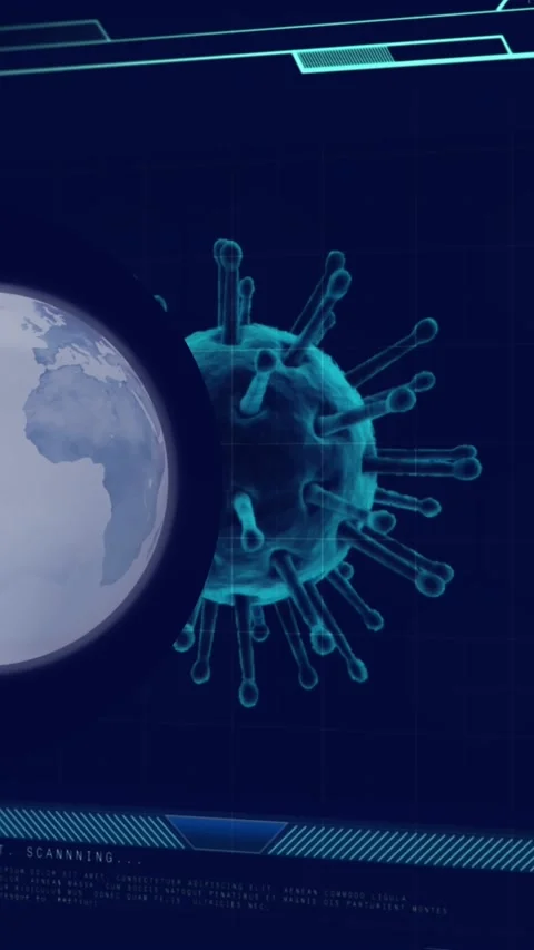Animation of globe over data processing with virus cell on black background Stock Footage 343644617