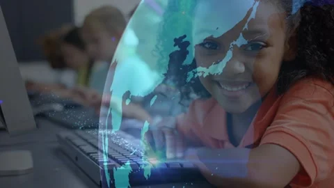 Animation of globe over diverse schoolchildren using computers in classroom Stock Footage 328648006