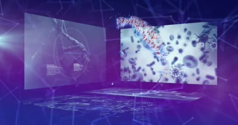 Animation of globe over scientific data processing on screens and cells floating Stock Footage 329033042