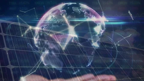 Animation of globe of plexus network and stock market data processing over solar Stock Footage 329766313