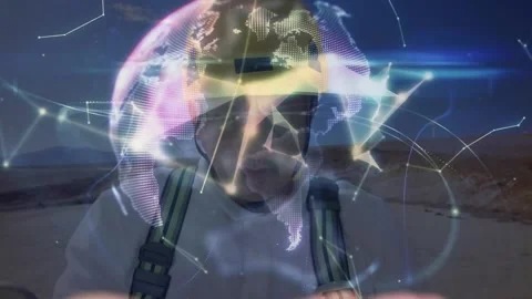 Animation of globe of plexus network over cupped hands against biracial male Stock Footage 229829209