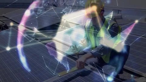 Animation of globe of plexus network over caucasian male engineer installing Stock Footage 326300630