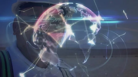 Animation of globe of plexus network over male windmill engineer Stock Footage 330664444
