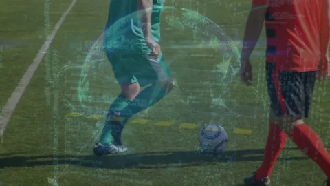 Animation of globe of plexus networks over team of diverse male soccer players Stock Footage 330250887