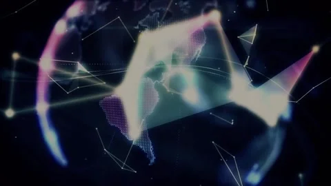 Animation of globe of plexus networks spinning over cupped hand against blue Stock Footage 253467363