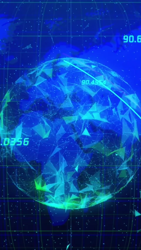 Animation of globe of plexus networks spinning over world map against blue Video stock 343996581