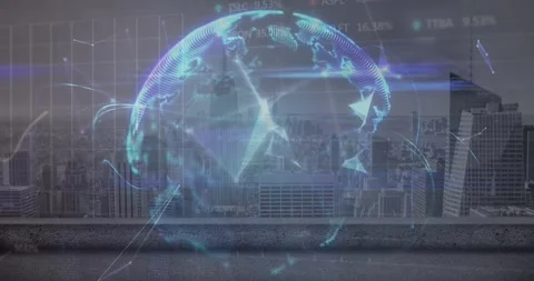 Animation of globe of plexus networks, statistical, stock market data processing Stock Footage 328928101