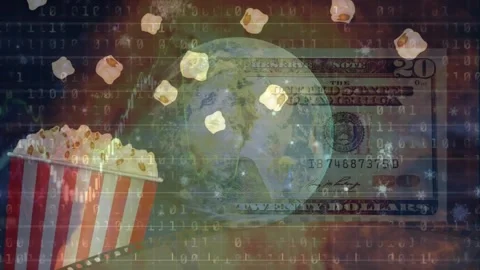 Animation of globe, popcorn, binary coding data processing over american dollar Vidéo 330584034