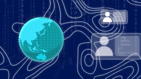 Animation of globe, profile icons, abstract pattern and binary codes over blue Stock Footage 252009702