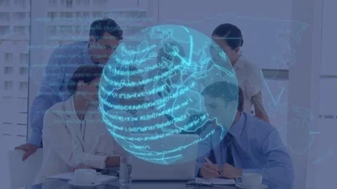 Animation of globe with programming codes moving over multiracial coworkers Stock Footage 327060000