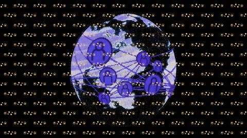 Animation of globe with purple network nodes over yellow faces pattern Stock Footage 304015554