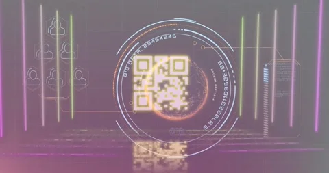 Animation of globe, qr code in circles with big data text, numbers over profile Stock Footage 327356243