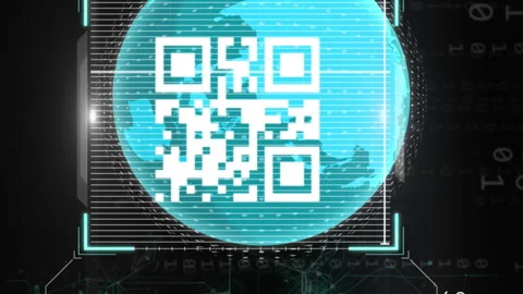 Animation of globe with qr code, icons and data processing Stock Footage 312504499