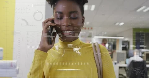 Animation of globe, radar, dna helix, loading bars, african american woman Stock Footage 328354594