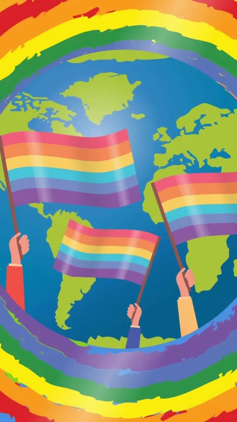 Animation of globe with rainbow flags over rainbow background Stock Footage 323487989