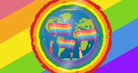 Animation of globe with rainbow flags over rainbow background Stock Footage 328715317