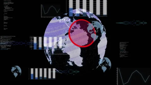 Animation of globe with red circle highlighting region, surrounded by data Stock Footage 304011545