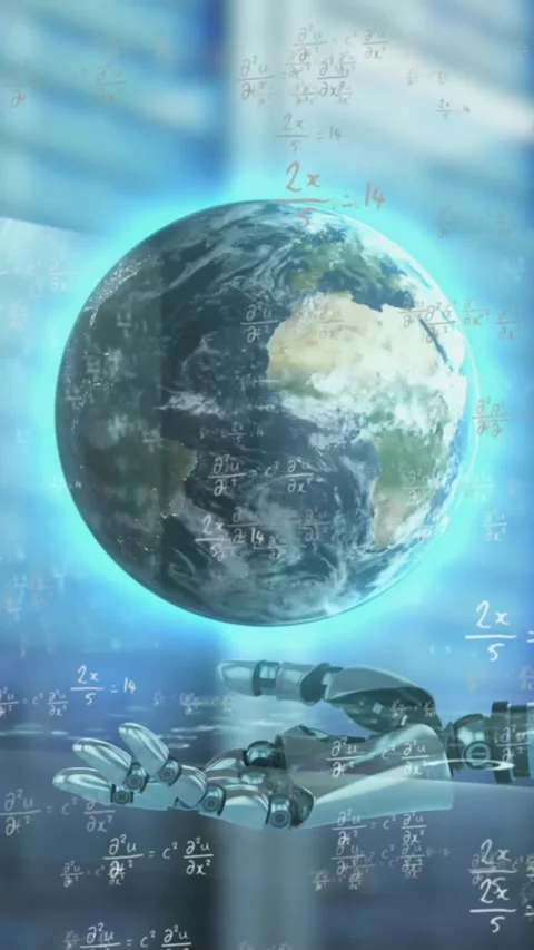 Animation of globe, robot's arm, data processing over computer servers Stock Footage 343739699