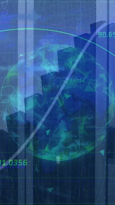 Animation of globe rotating and multiple graphs with numbers over data server Stock Footage 344669269