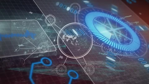 Animation of globe rotating in circle with computer icons over infographic Stock Footage 329926039