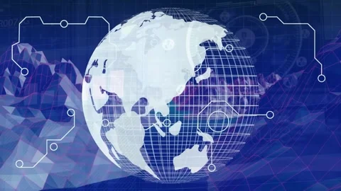 Animation of globe rotating over blue digital metaverse landscape Video stock 329568301