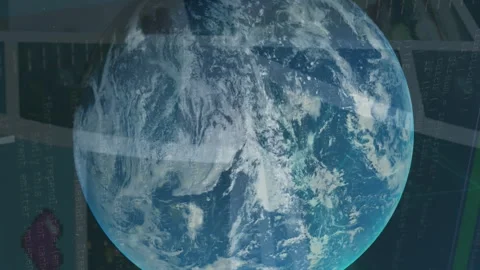 Animation of globe rotating over data on screens Video stock 312441795