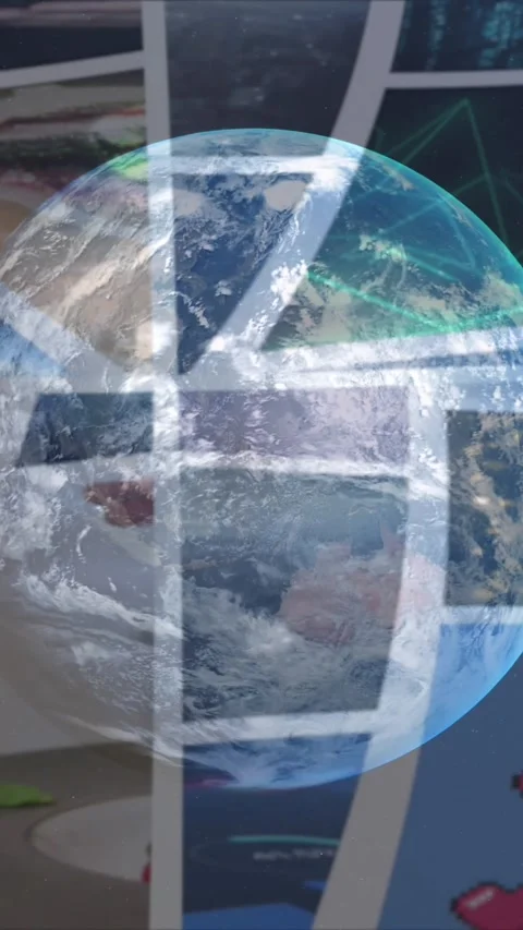 Animation of globe rotating over data on screens Stock Footage 322891970