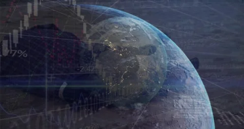 Animation of globe rotating over data, graphs and people in office Video stock 326750448