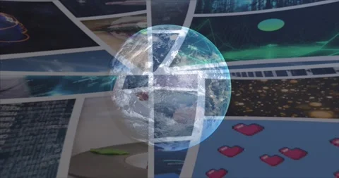 Animation of globe rotating over data on screens Stock Footage 327444300