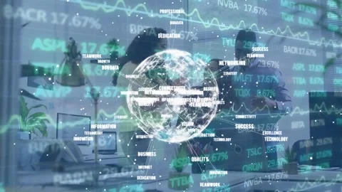 Animation of globe rotating over data processing and cityscape Video stock 328256835