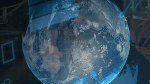 Animation of globe rotating over integrated circuit on black background Video stock 312619066