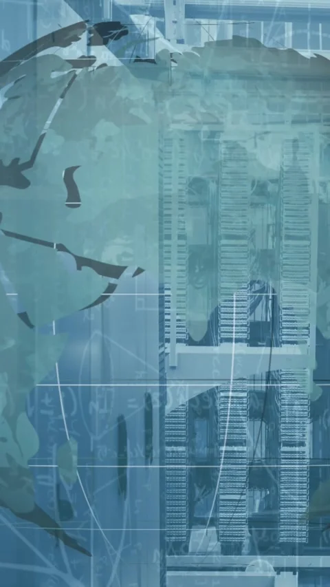 Animation of globe spinning and data over tech room with computer servers Stock Footage 323682180