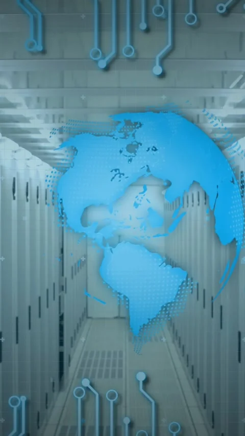 Animation of globe spinning and data processing over computer servers in Stock Footage 331652938