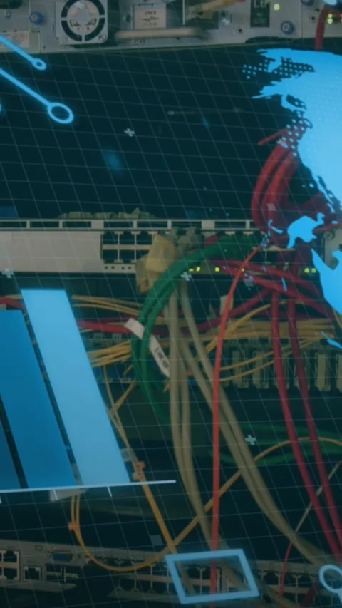 Animation of globe spinning and data processing over cables in computer server Stock Footage 341976327