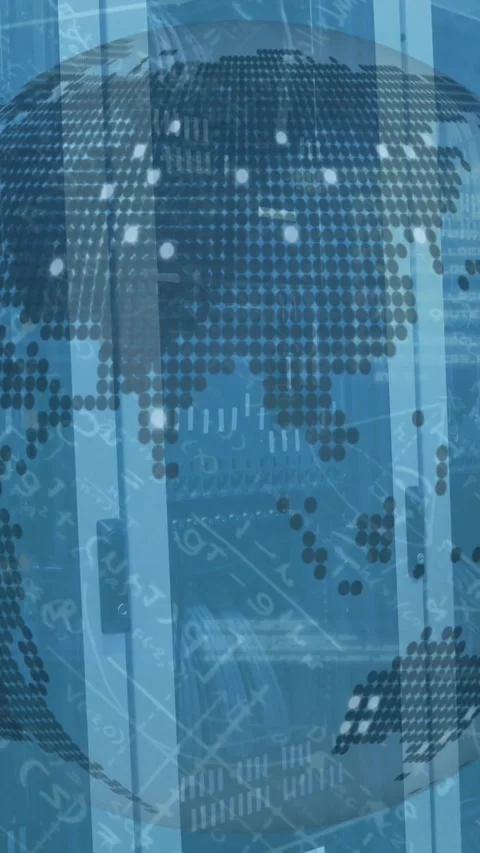 Animation of globe spinning and mathematical data over tech room with computer Stock Footage 319821327