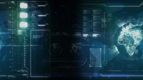 Animation of globe spinning with data processing and information through screens Stock Footage 130851435