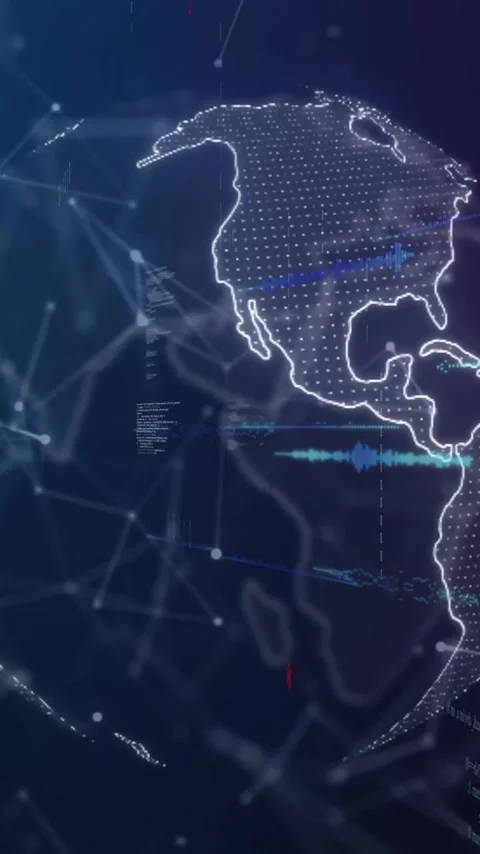 Animation of globe spinning over moving shapes and data processing Stock Footage 342010570