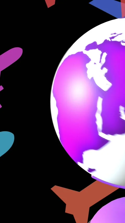 Animation of globe spinning over purple multi coloured airplanes on black Stock Footage 341953493
